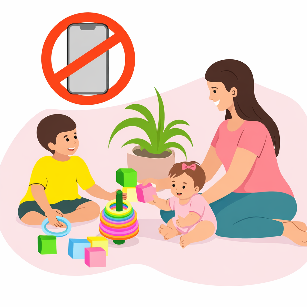 mother with son and daughter playing undisturbed due to not having cellphone present 