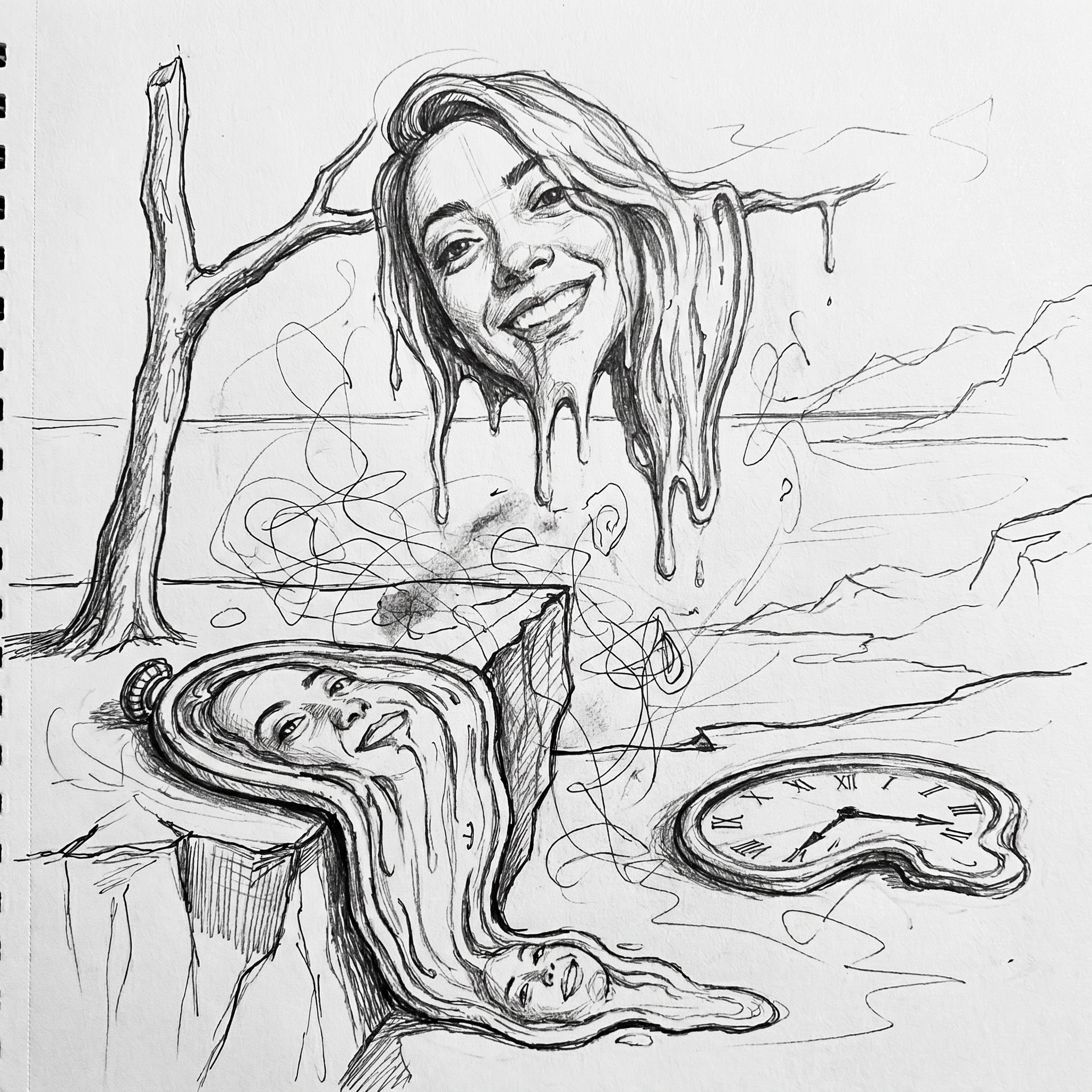 Hand-drawn doodle of melting faces and a melting clock, inspired by Dali